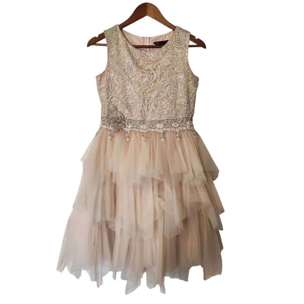 Dillard's Chantilly Place Girls 16 Pink Floral Lace Tiered Tulle Princess Dress